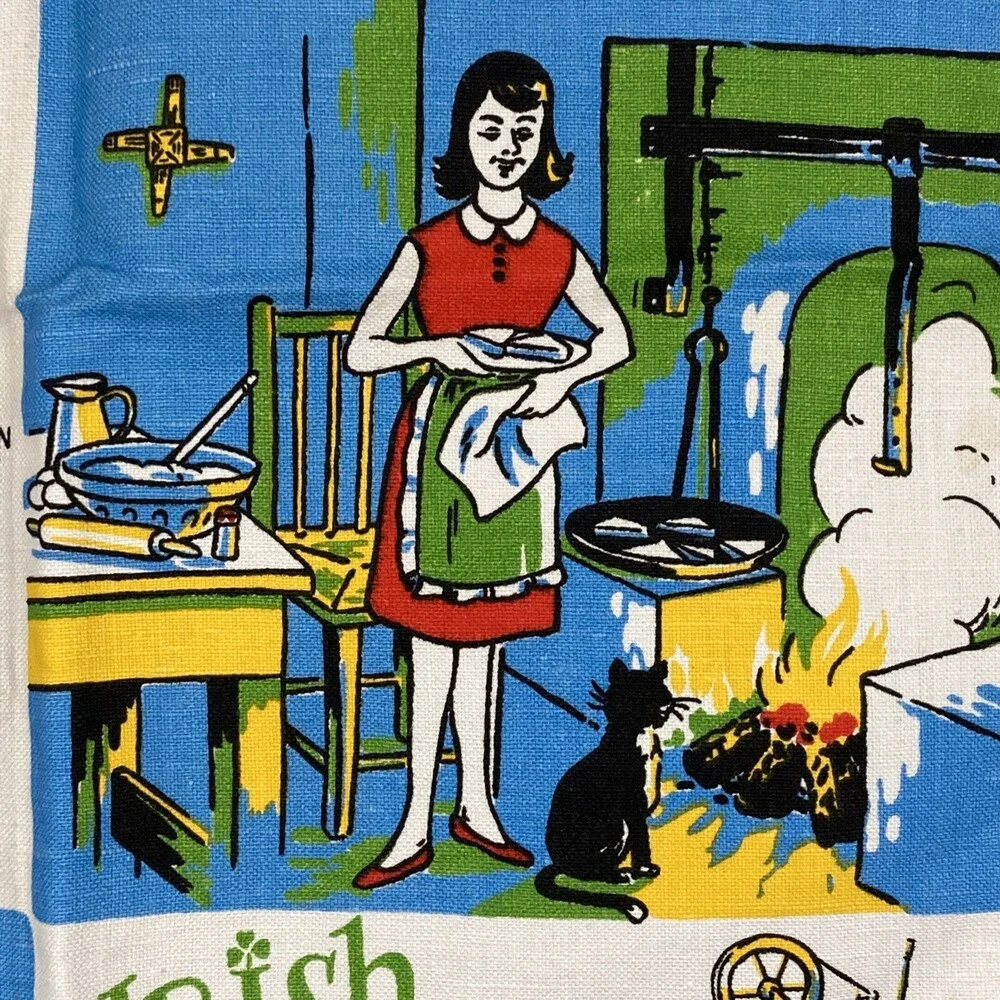 VTG 100% Linen Irish Tea Towel - Coffee Recipes & Elf Soda Bread Design